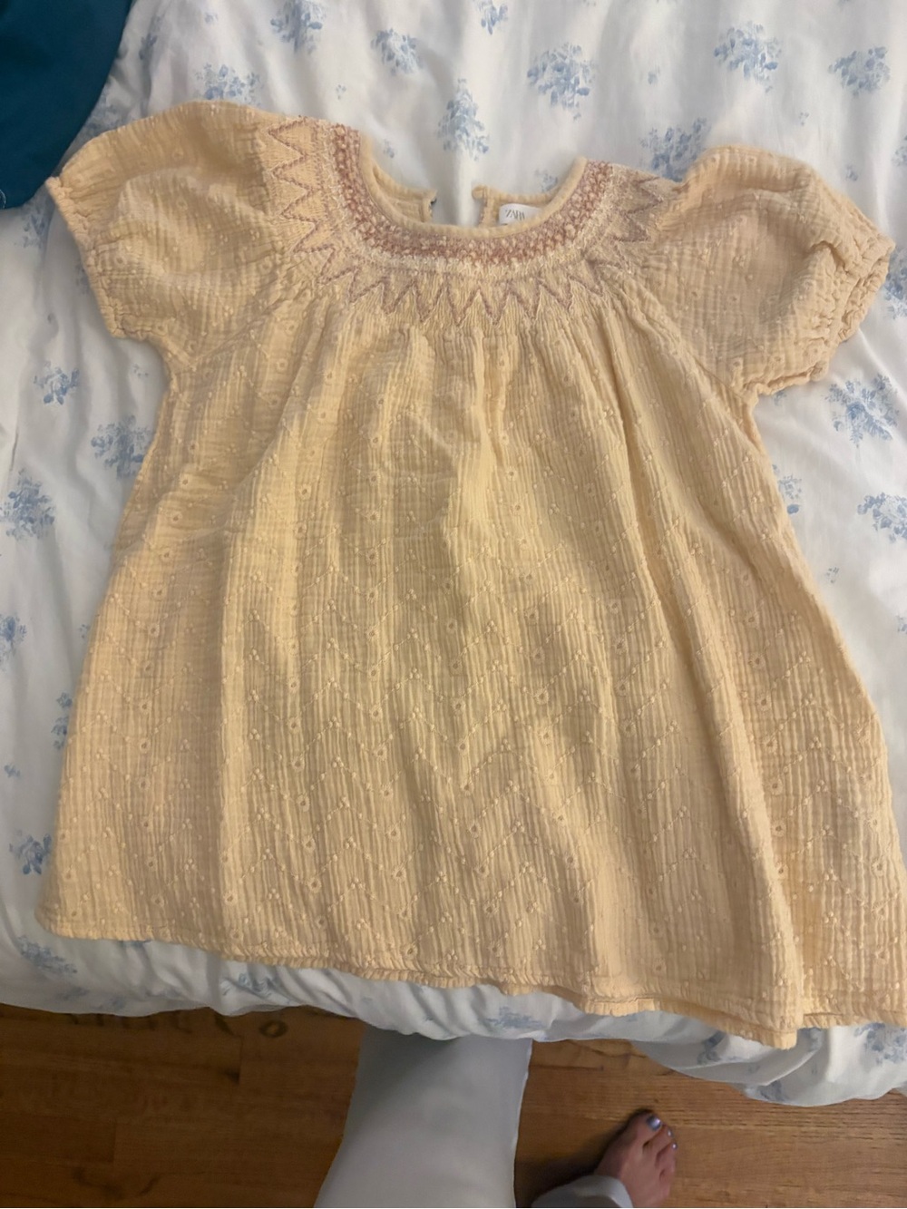 Zara Cream Textured Short-Sleeve Top with Embroidered Neckline